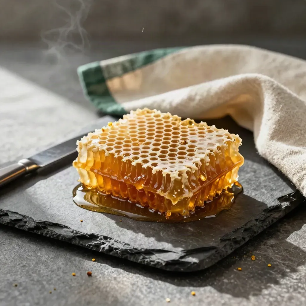 Honeycomb slab on slate with knife, honey dribble, and linen napkin in warm light.