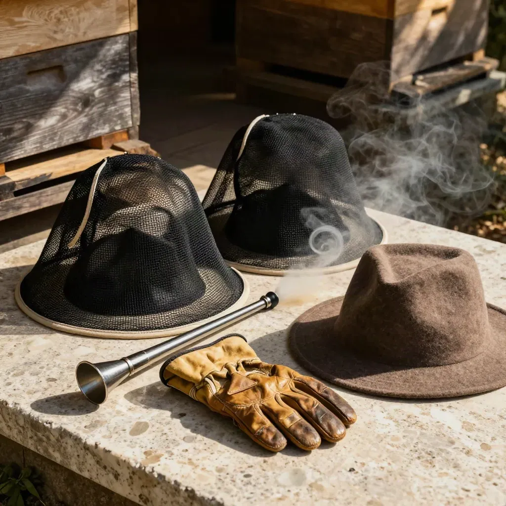 Bee tour gear: veils, smoker, gloves, and folded hat on travertine with smoke.