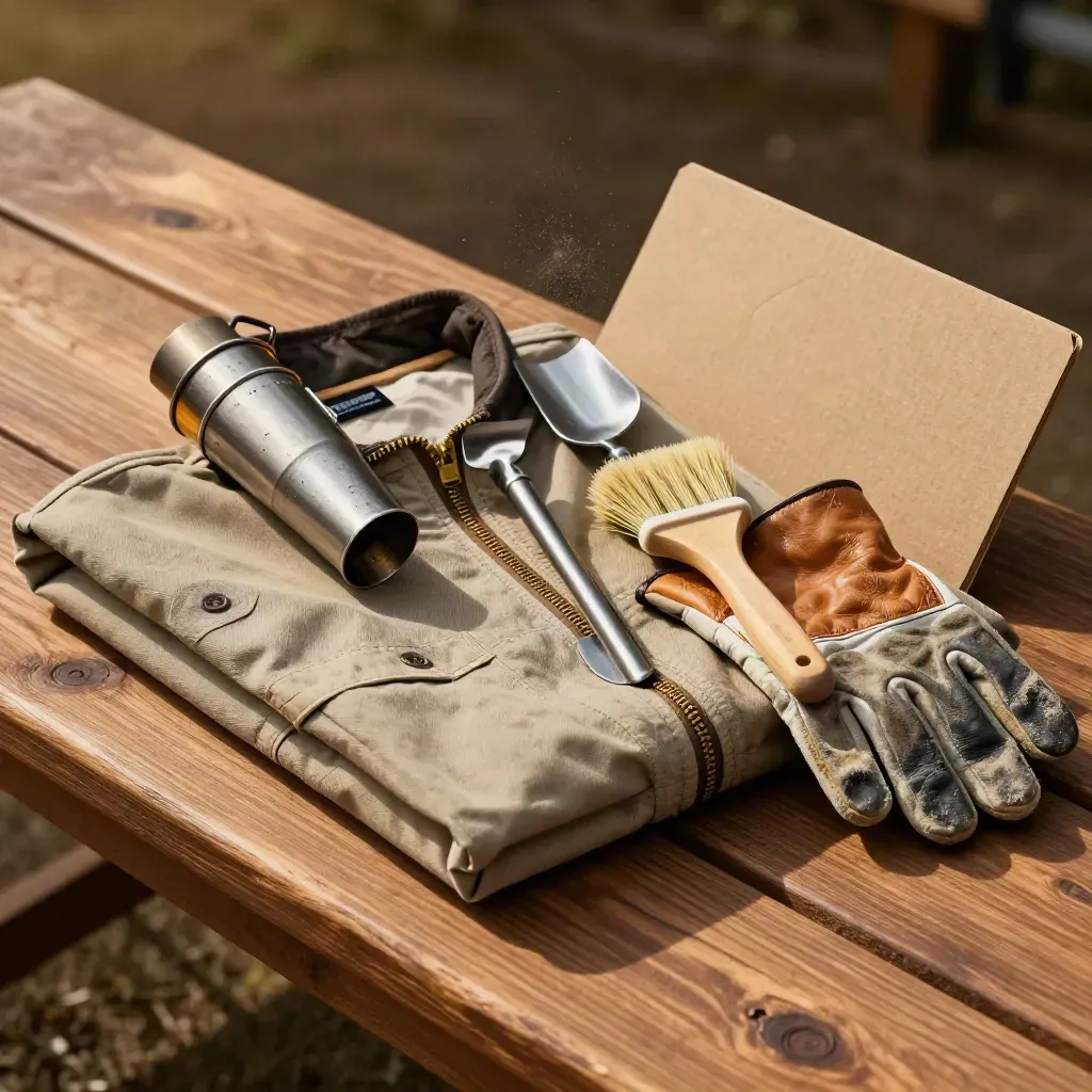 Starter beekeeping kit with tools, smoker, brush, gloves, and jacket on a wooden bench.
