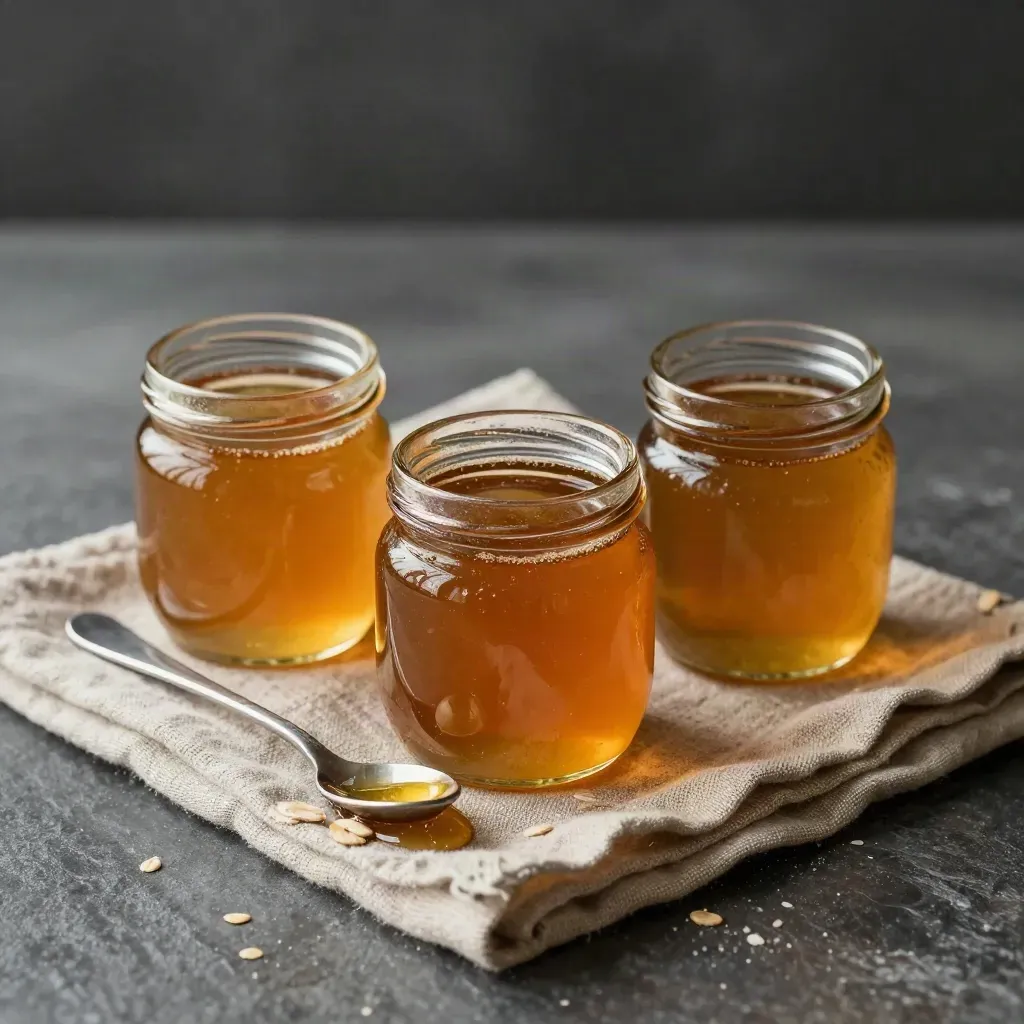 Three honey sampler jars with spoons and linen on stone, overhead in moody studio light.