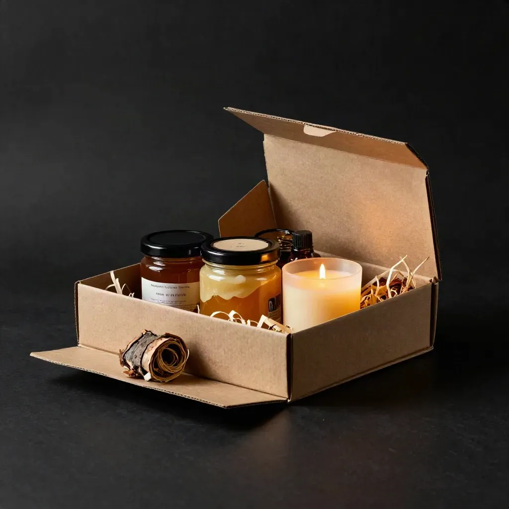 Open gift box with honey jars, beeswax candle, propolis tincture, and kraft filler on a dark studio surface.
