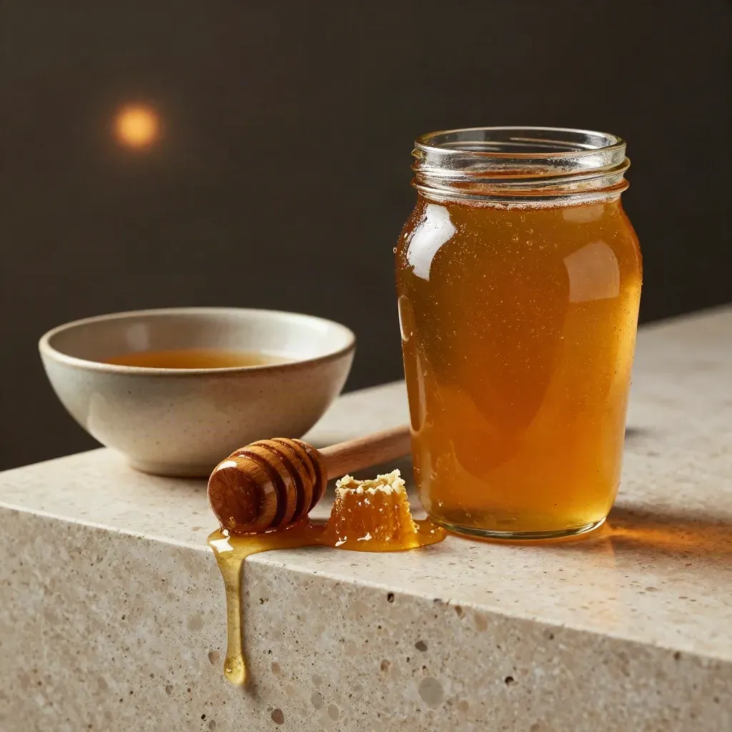 Wildflower honey pint jar with dipper, comb shard and bowl on travertine.
