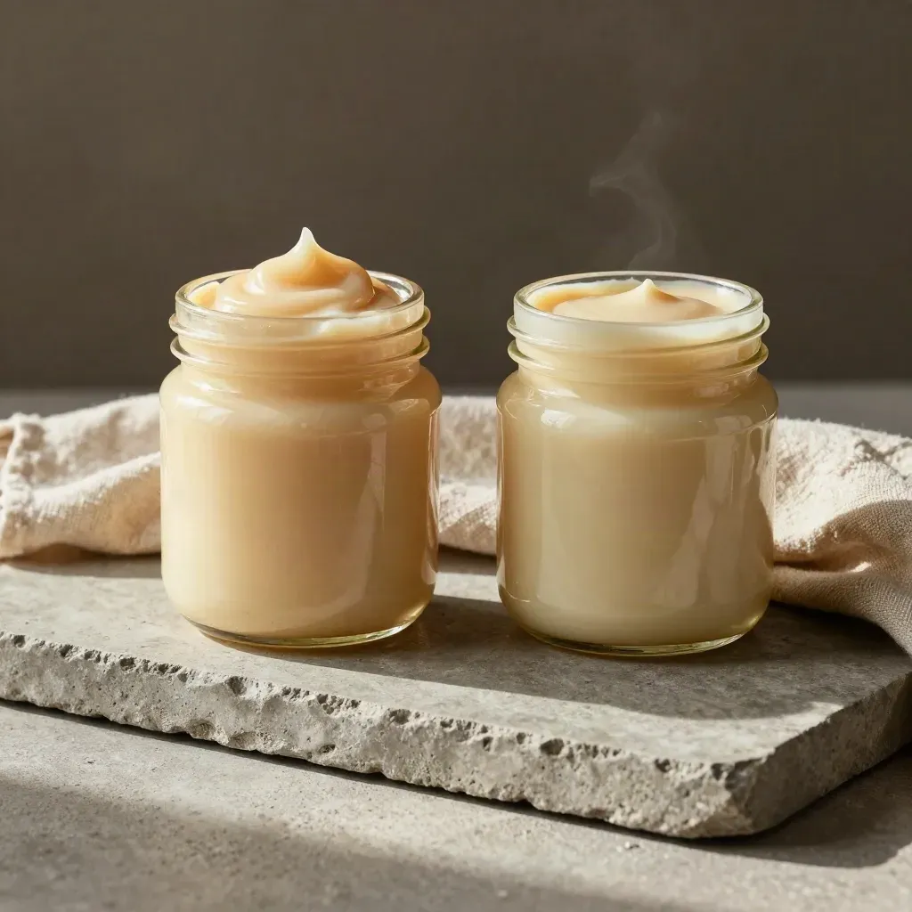 Two creamed honey jars, one open with a swirl, beside folded linen on stone.