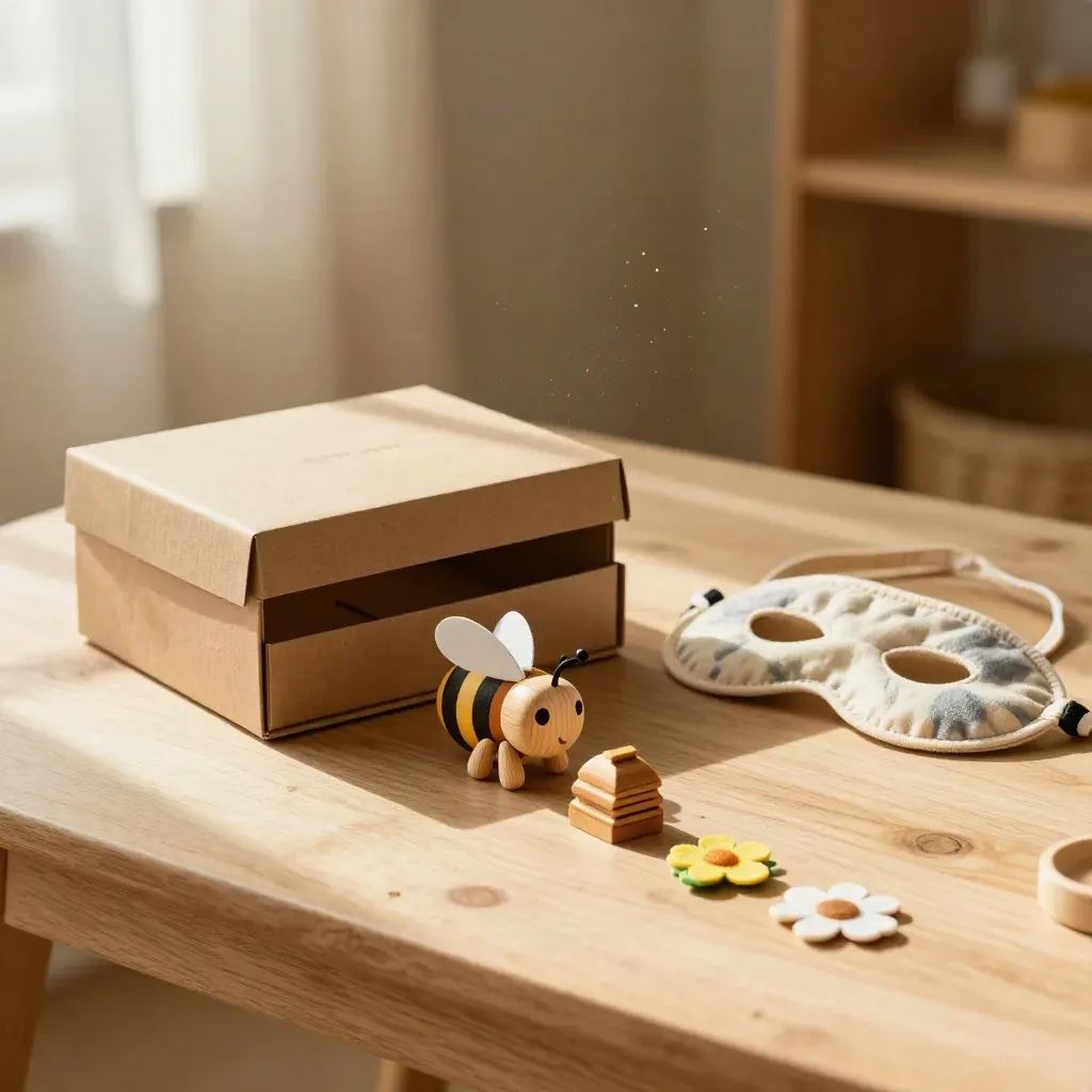 Kids bee lesson kit with wooden bee model and fabric mask on a sunlit play table
