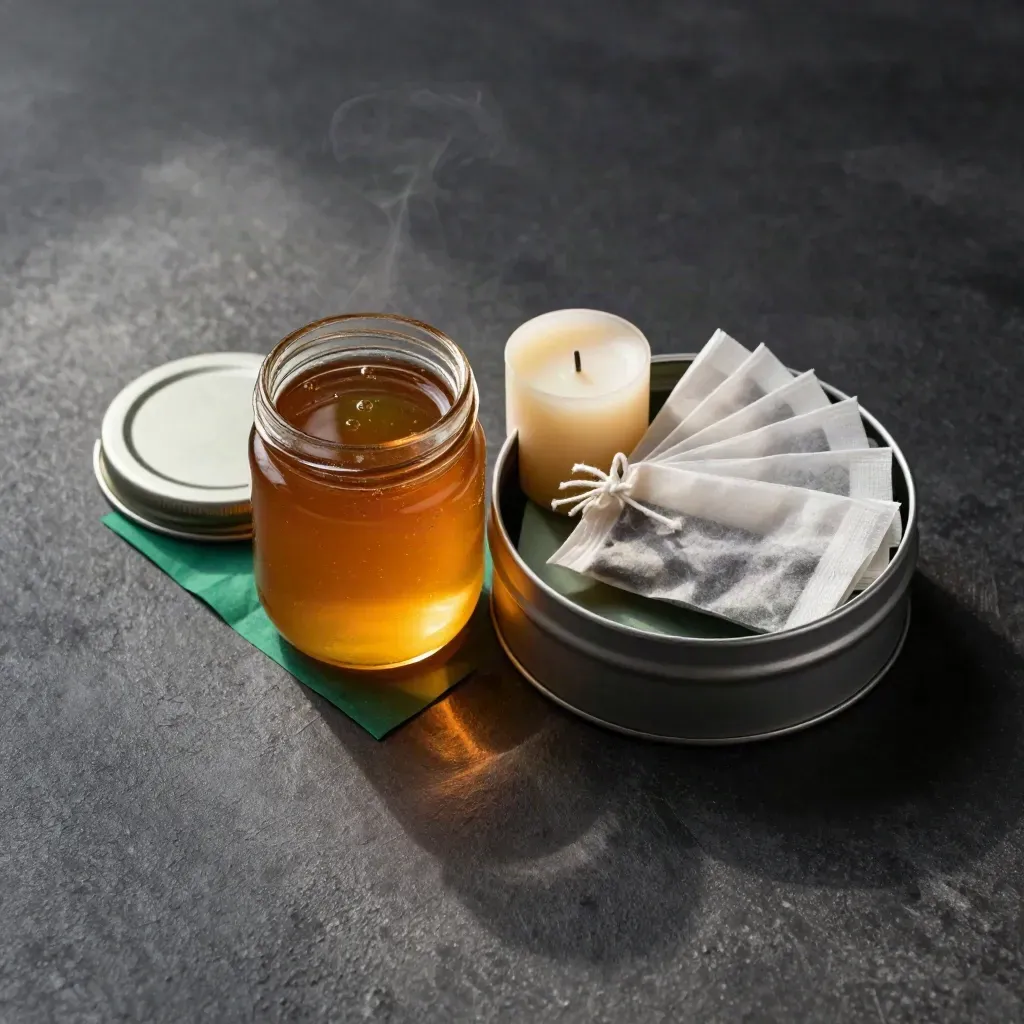 Top-down queen bee gift tin with honey jar, beeswax candle and tea sachets on dark concrete.