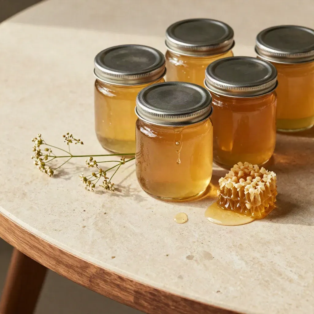 Cream stone surface with raw honey jars and wildflower stems in soft raking light