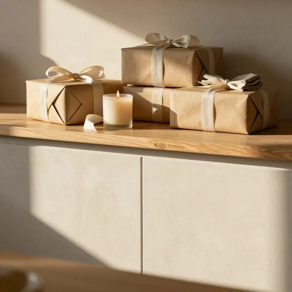 Gift boxes and a candle on a warm shelf with soft golden light.