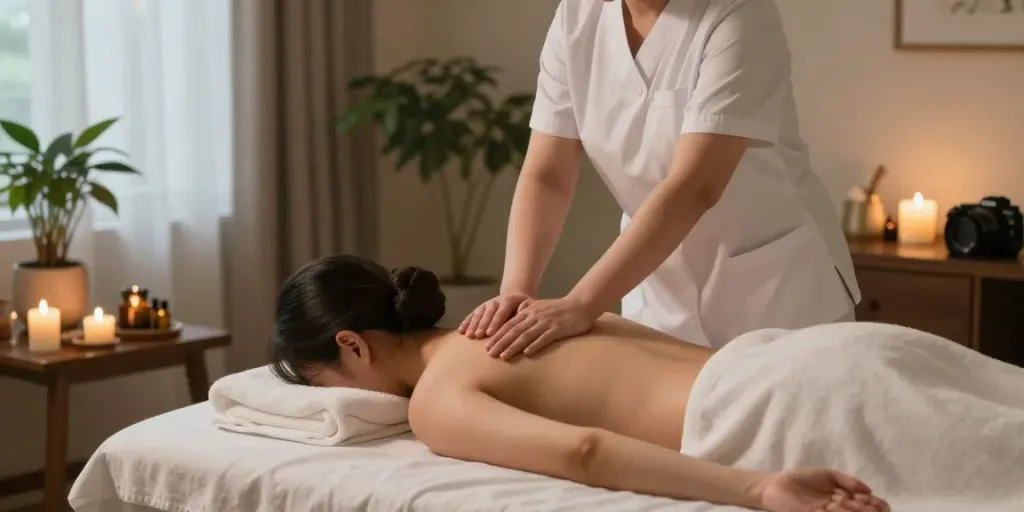 Relaxing 군포출장안마 massage therapy scene in a tranquil home setting with candles and essential oils.