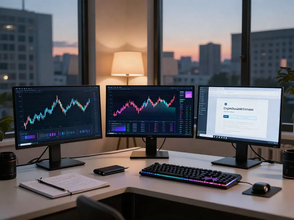 CryptoDenisNFT official channel displayed on a modern trading workspace with multiple monitors and DeFi dashboards.