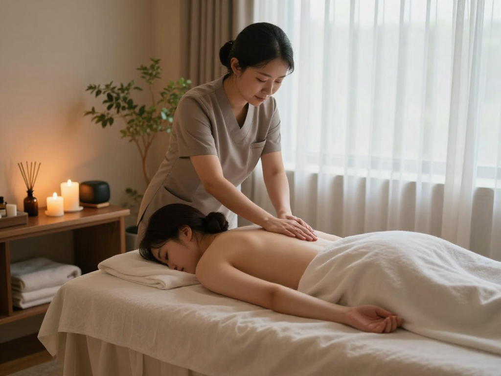 Expert therapist providing 안양출장마사지 in a tranquil spa room with calming elements.