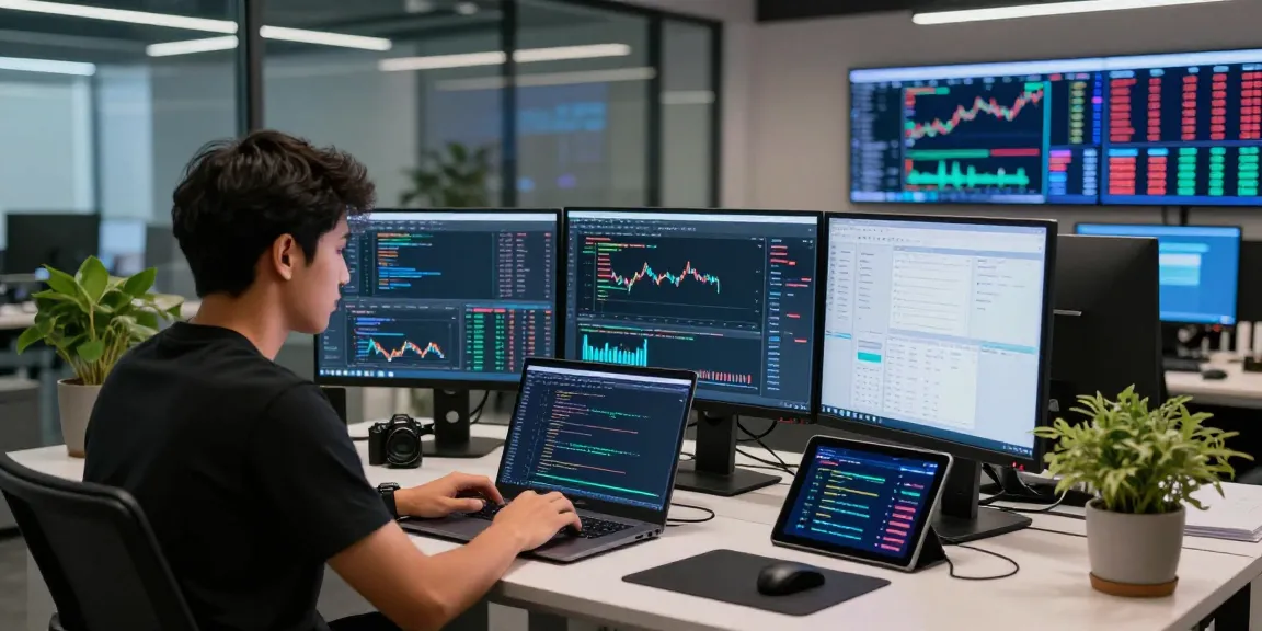NSE exchange stock data feed shown in a modern financial workspace with developers coding and analyzing data.